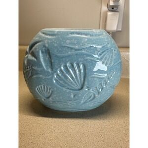 VTG Youngs Blue Ceramic Starfish Seashell Coastal Planter Vase Speckled Glaze